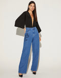CALÇA WIDELEG FEMININA JEANS BORDADO JEANS ONÇA PRETA