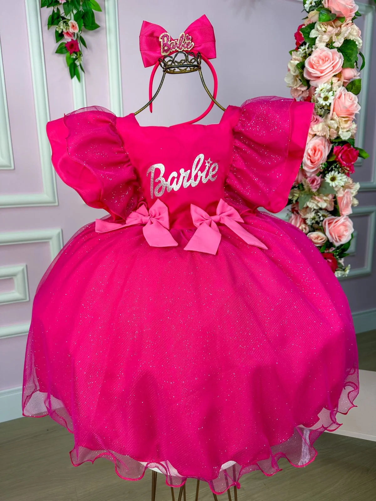 Vestido Princesa Belli Tematico Barbie Pink Babado Glamim