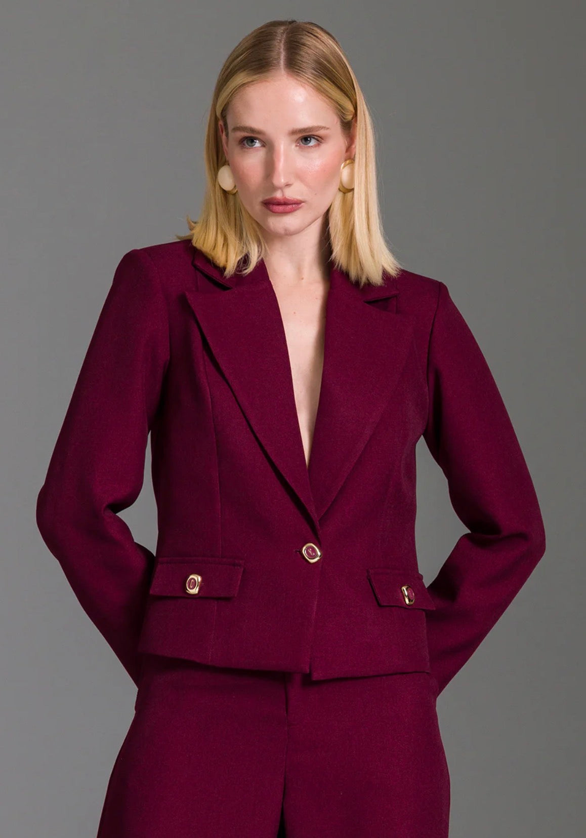 Blazer Spencer Liso Com Lapelas Cabernet CHARRY