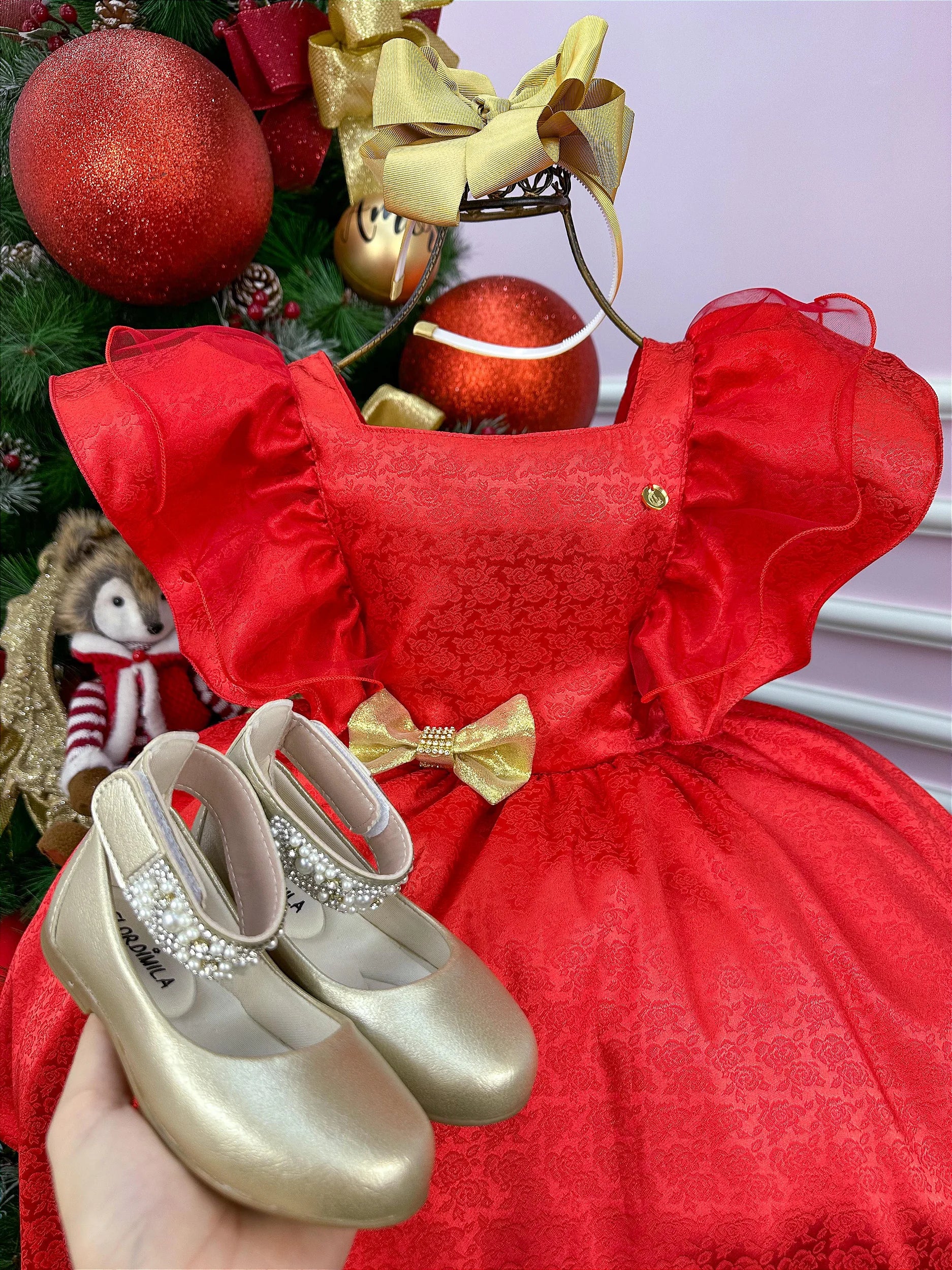 Vestido Banana Club Vermelho Laço Dourado - Glamim