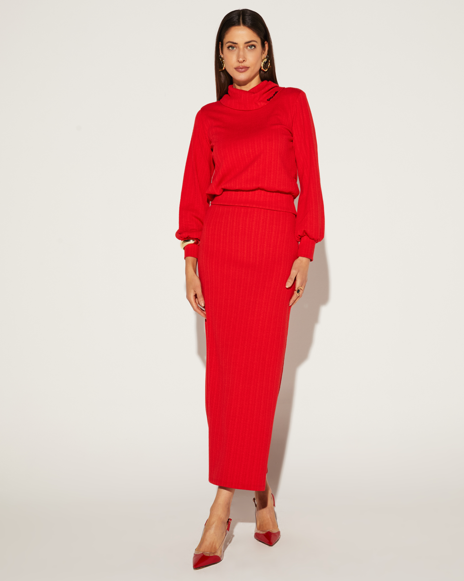 CONJUNTO FEMININO SAIA MIDI COM BLUSA GOLA BOBA ONÇA PRETA