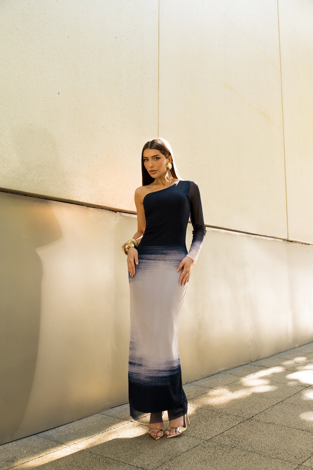 Vestido Super Midi Estampado Ombro Único
