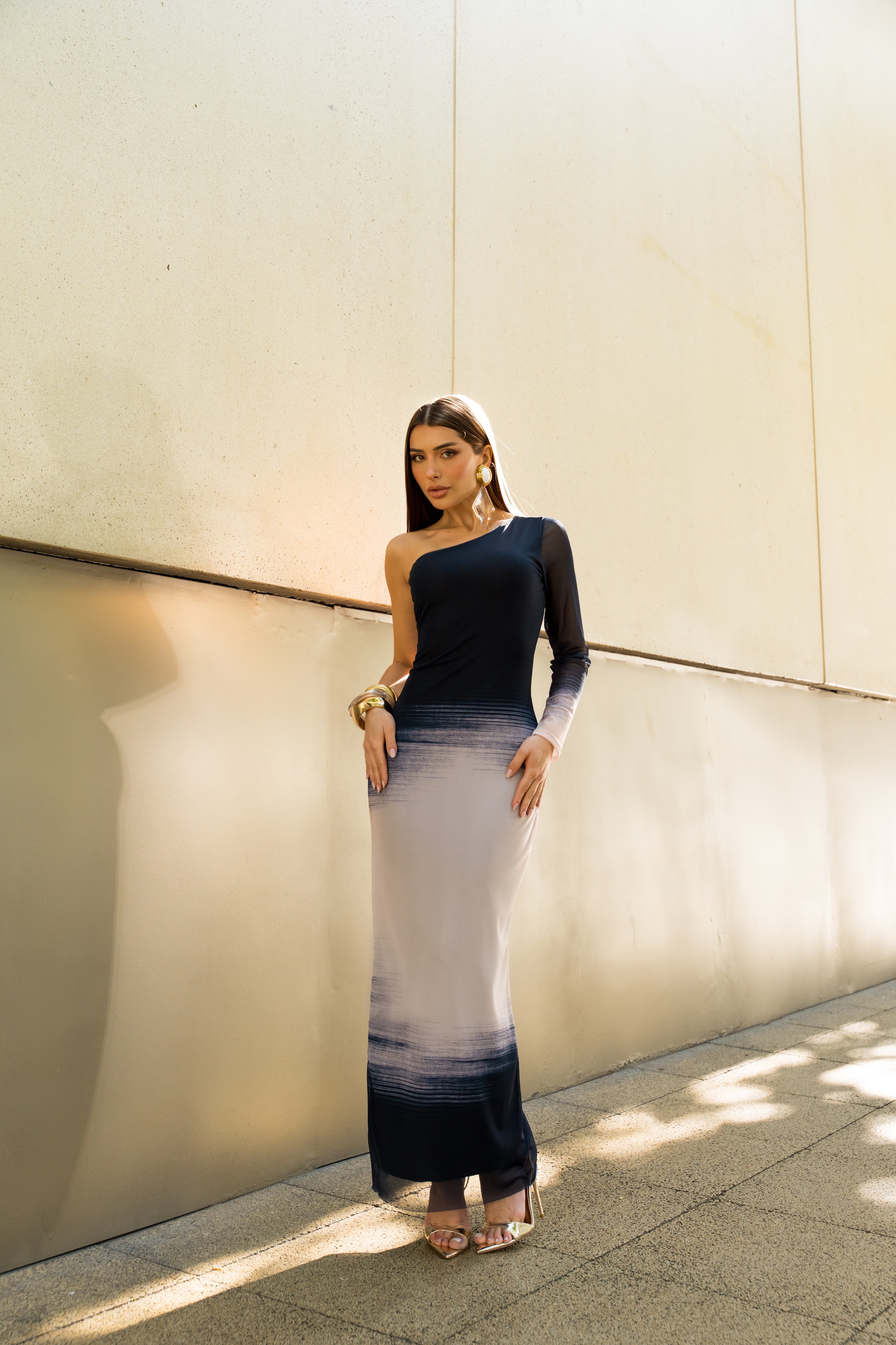 Vestido Super Midi Estampado Ombro Único