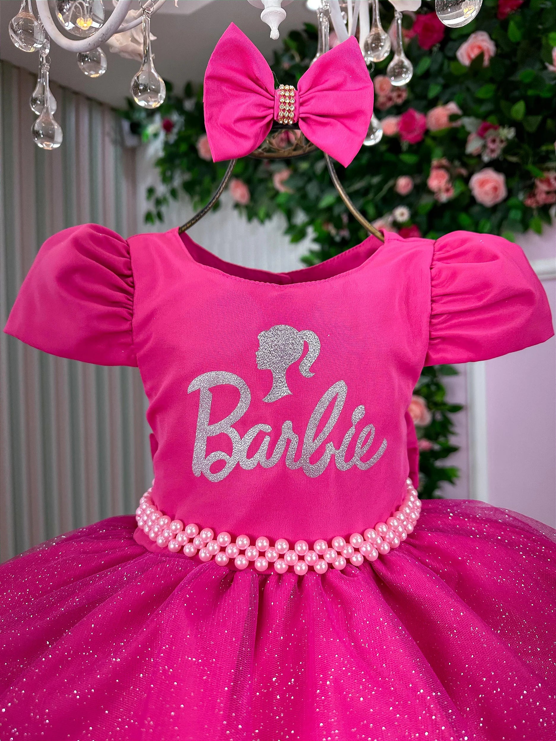 Vestido Tematico Barbie Pink Glitter Glamim