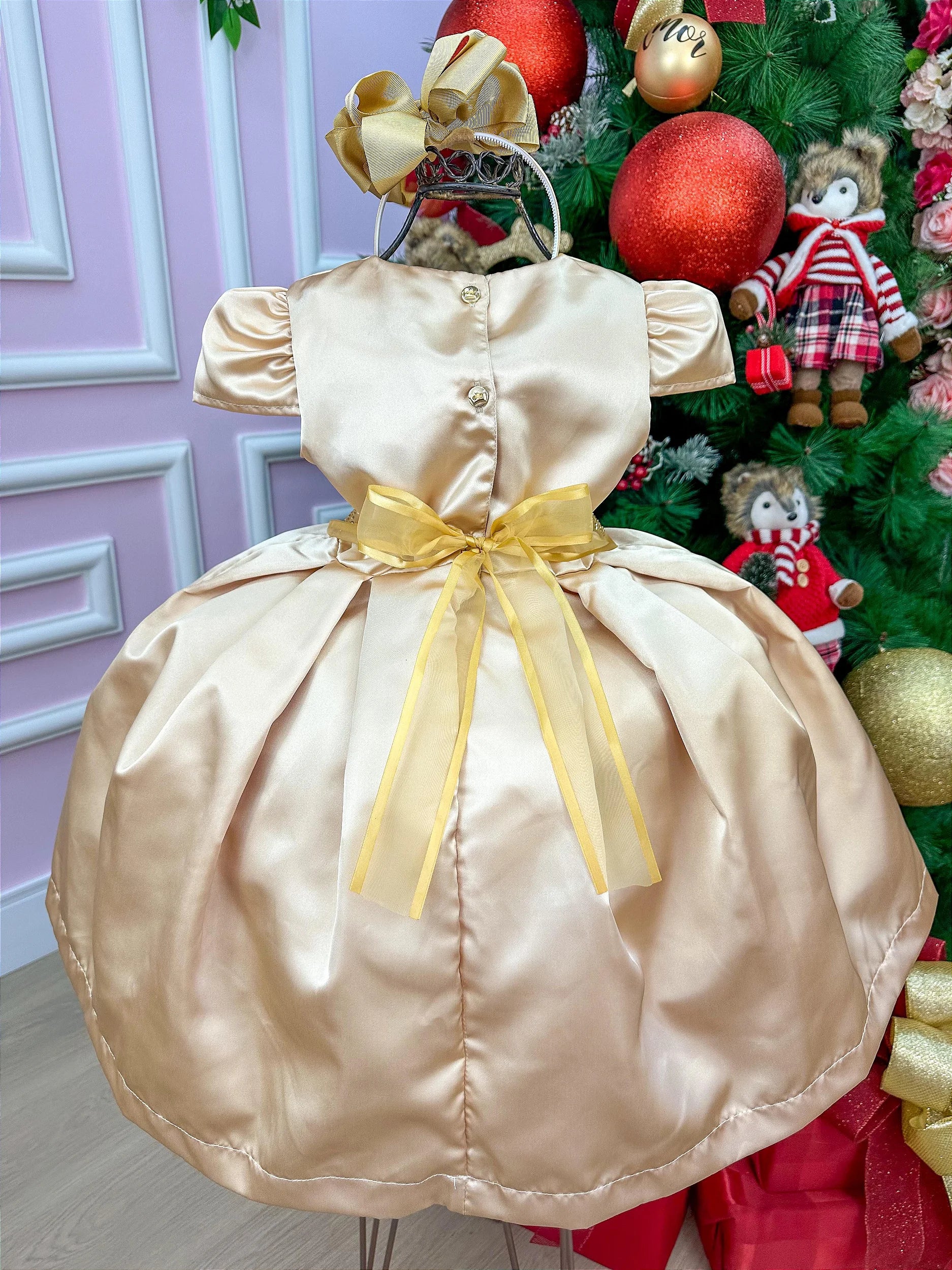 Vestido Miss Sweet Dourado Laço da Cintura com Brilho - DAMINHA