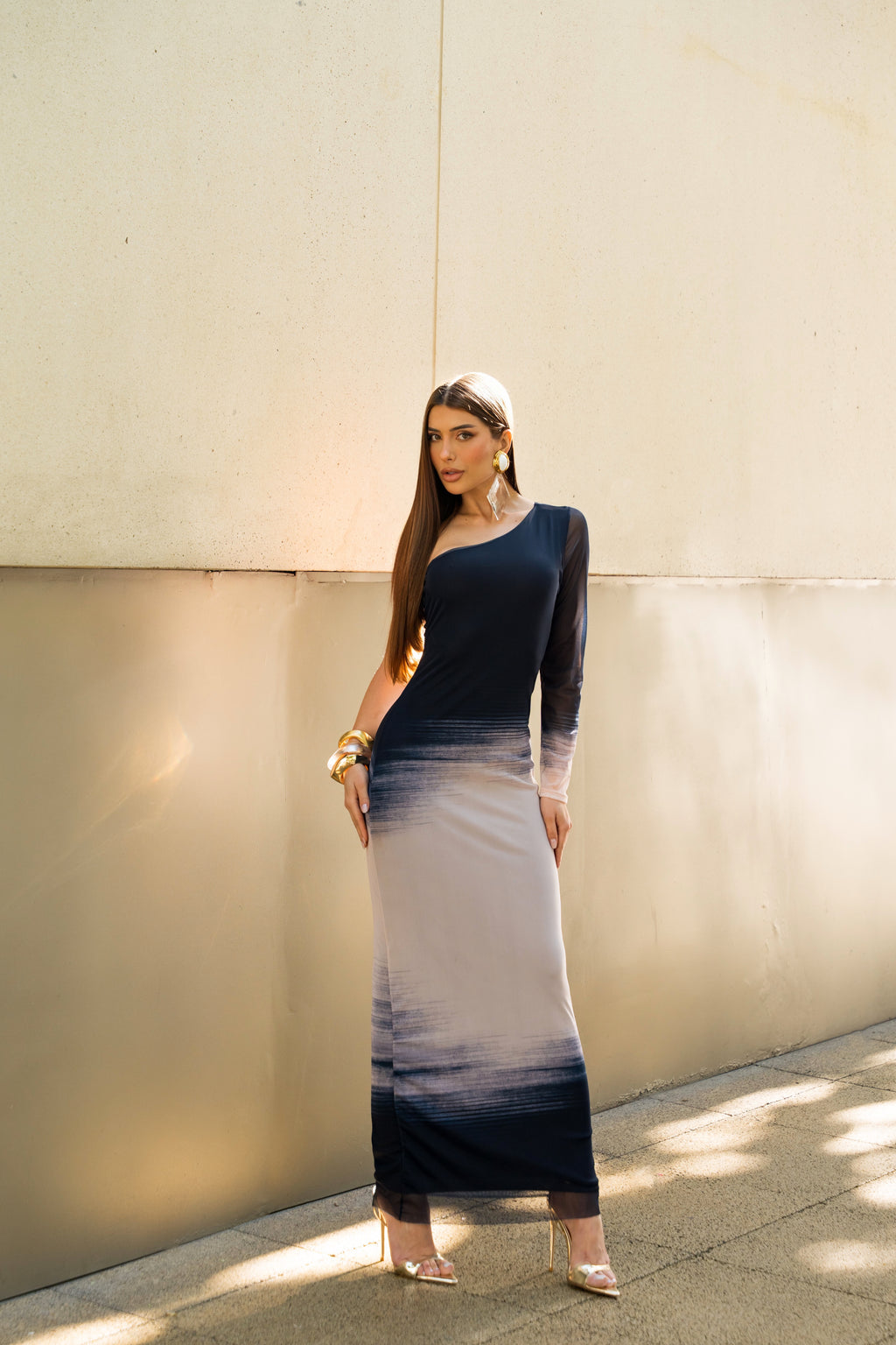 Vestido Super Midi Estampado Ombro Único