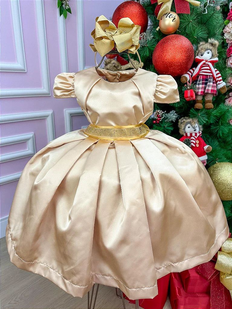 Vestido Miss Sweet Dourado Laço da Cintura com Brilho - DAMINHA