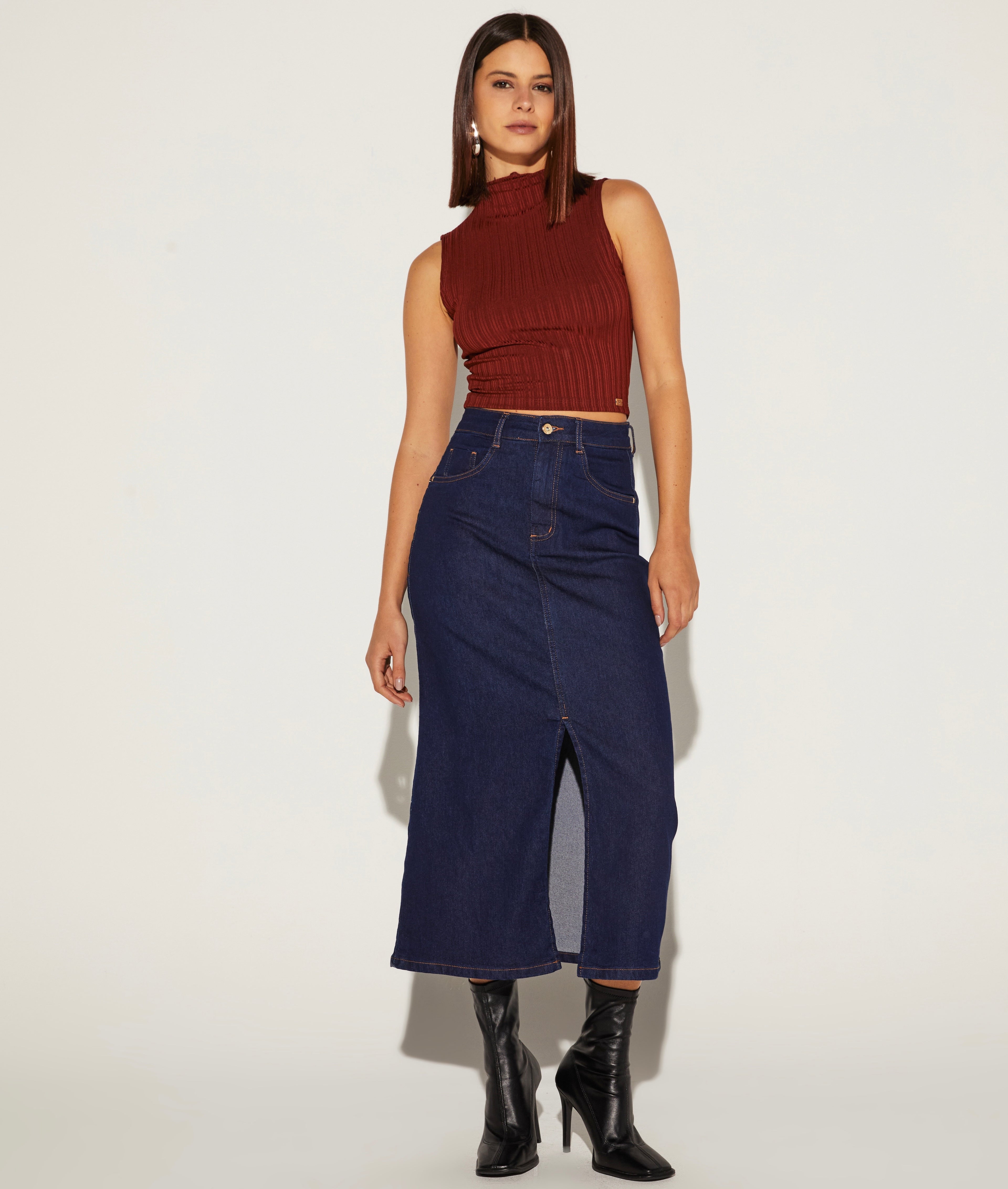 SAIA MIDI FEMINICA BASICA AMACIADA JEANS ONÇA PRETA