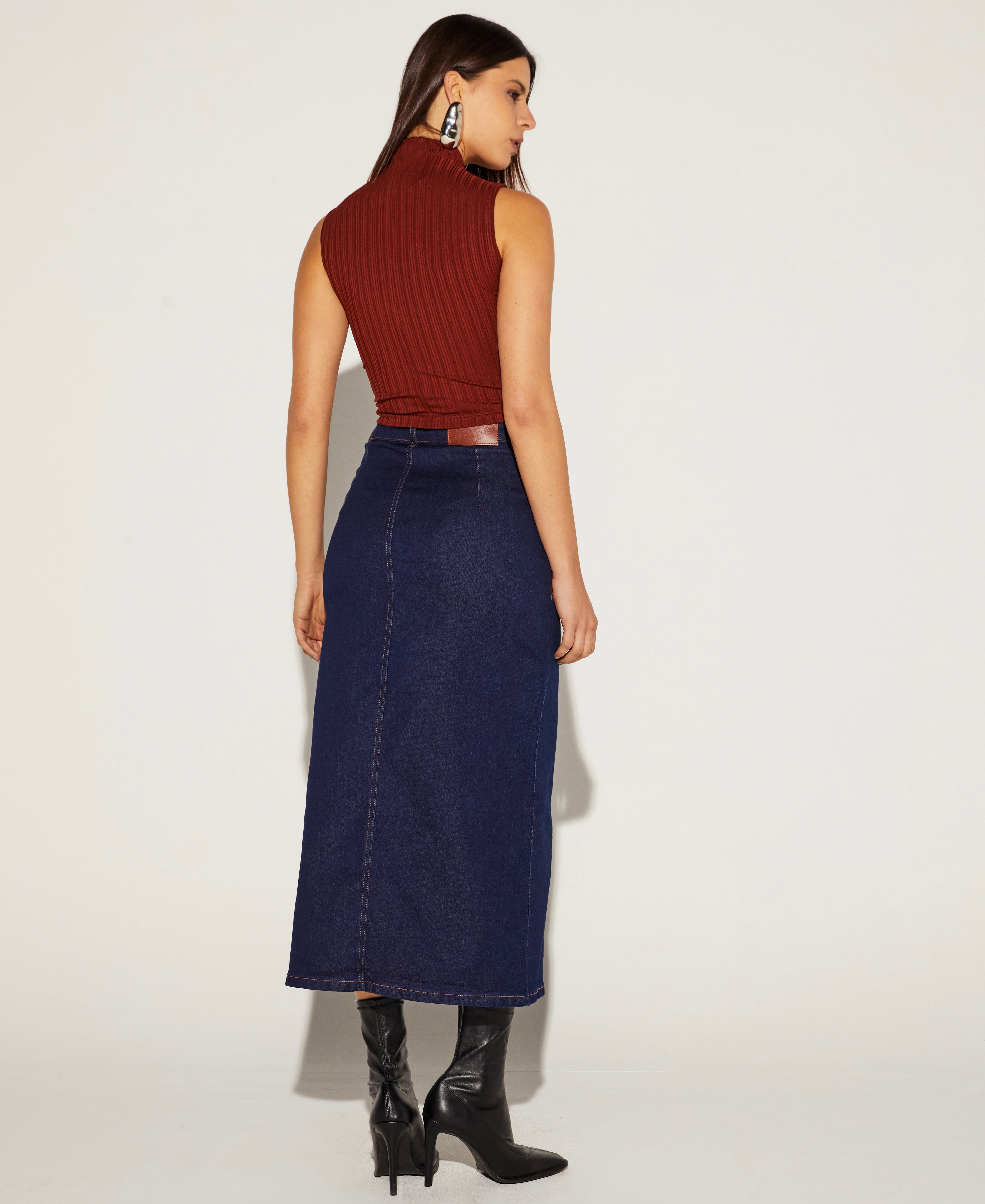 SAIA MIDI FEMINICA BASICA AMACIADA JEANS ONÇA PRETA