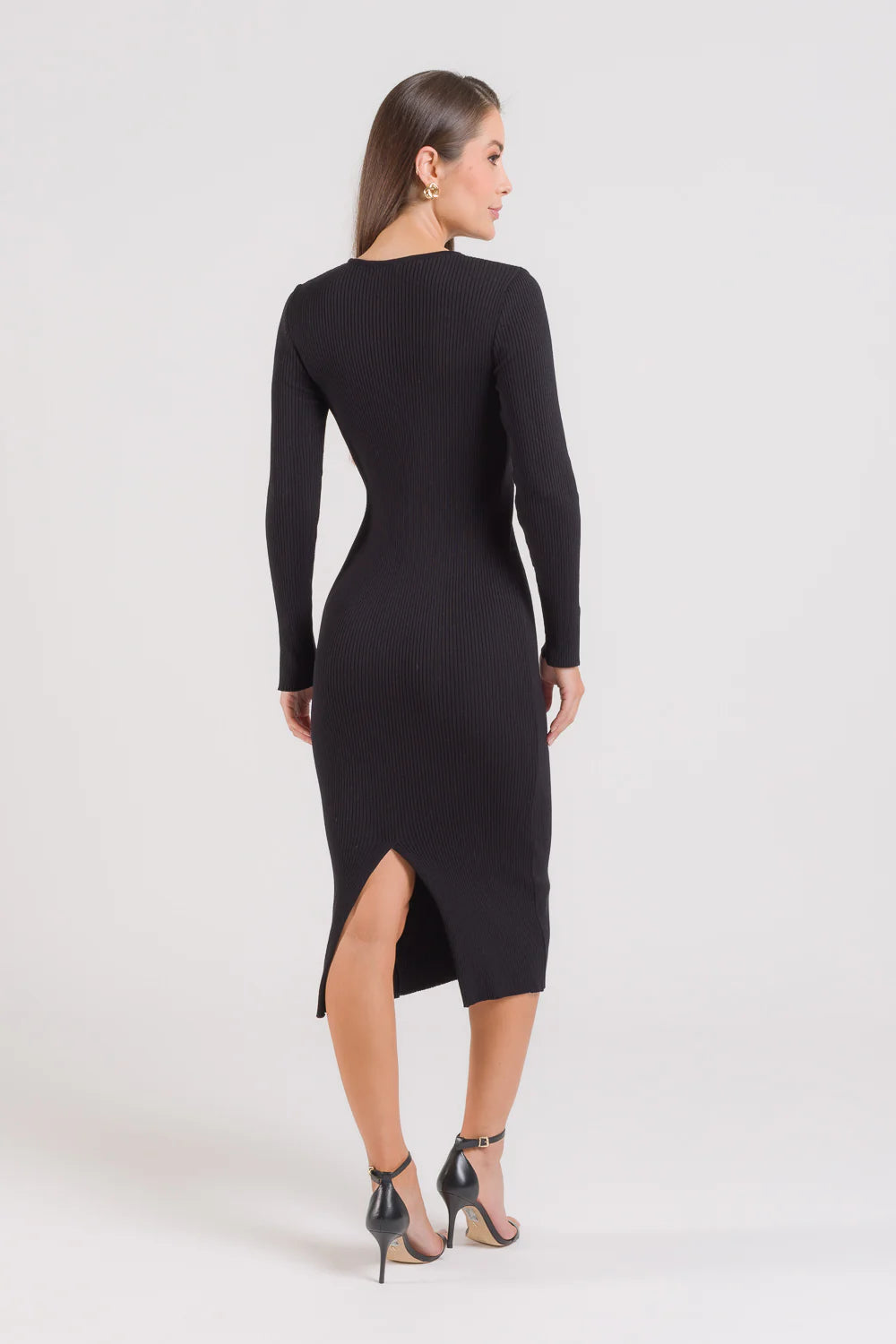 Vestido Tricot Canelado com Fenda ALESSANDRA