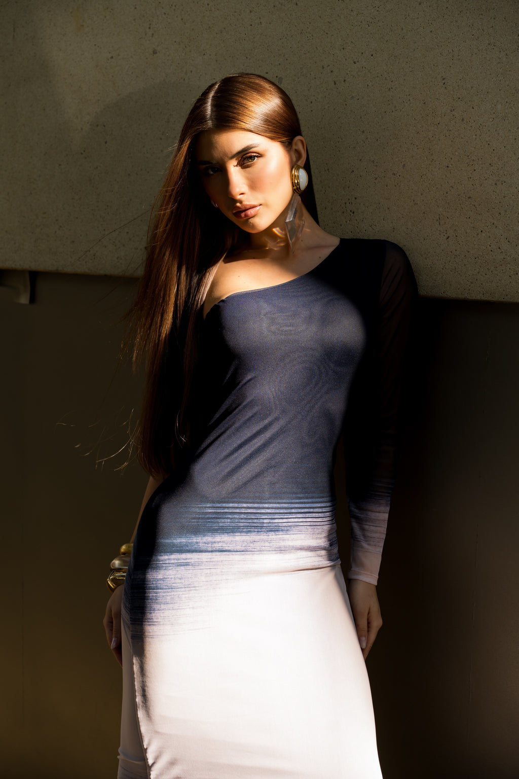 Vestido Super Midi Estampado Ombro Único