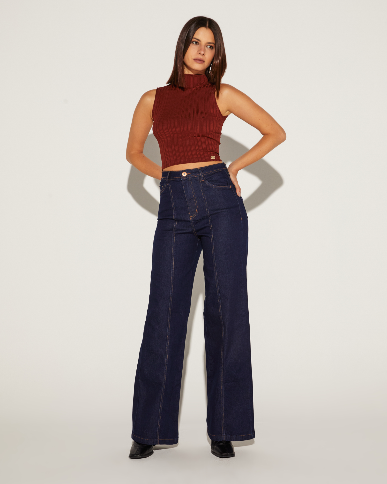 CALÇA FEMININA WIDE RECORTE JEANS ONCA PRETA