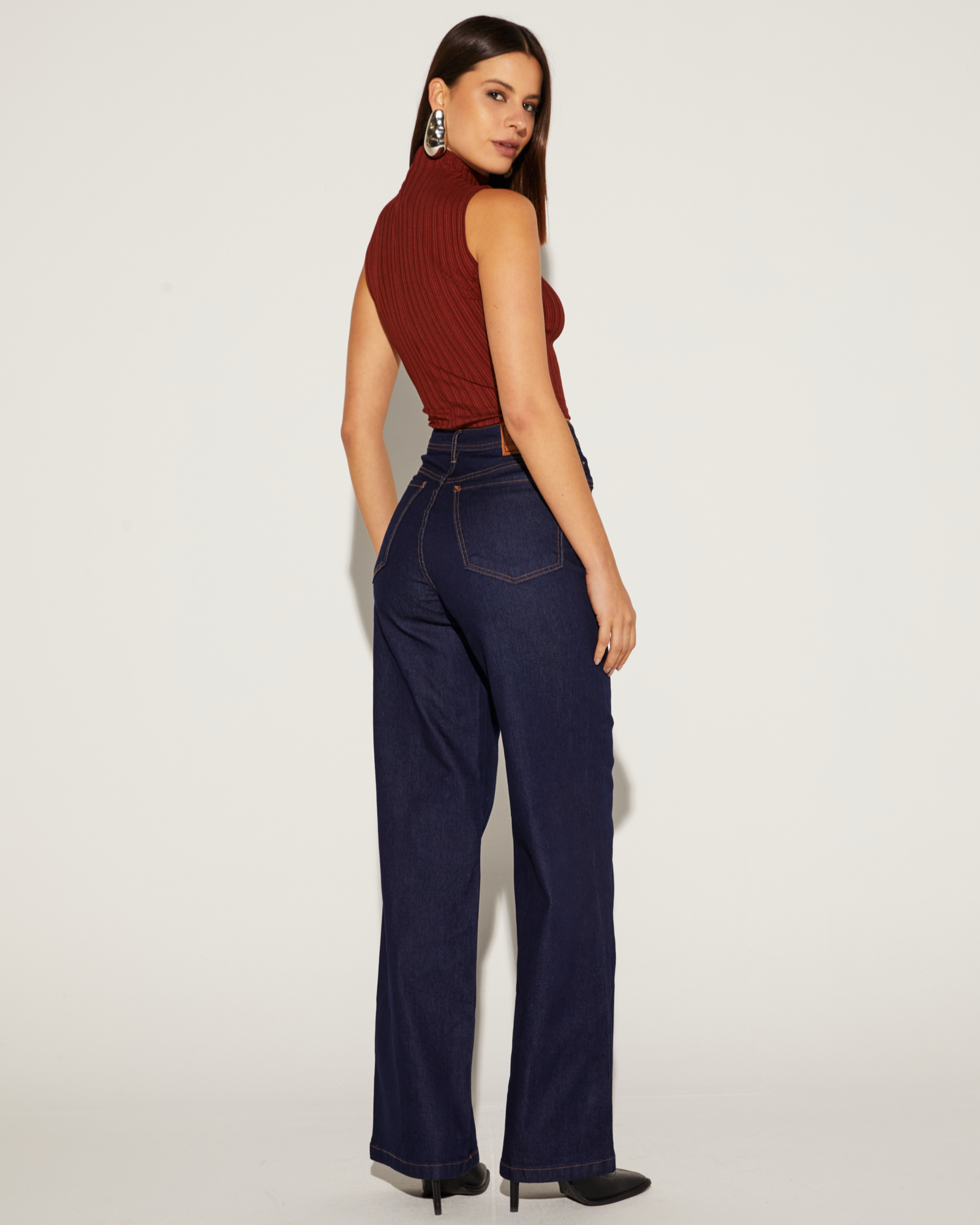 CALÇA FEMININA WIDE RECORTE JEANS ONCA PRETA