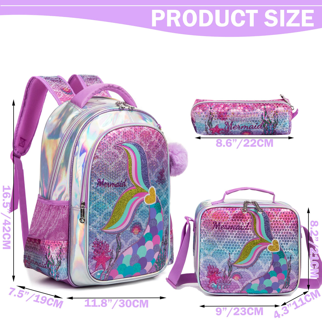 Mochila Lantejoula com lancheira para alunos do ensino fundamental, mochilas escolares meninas, 16"