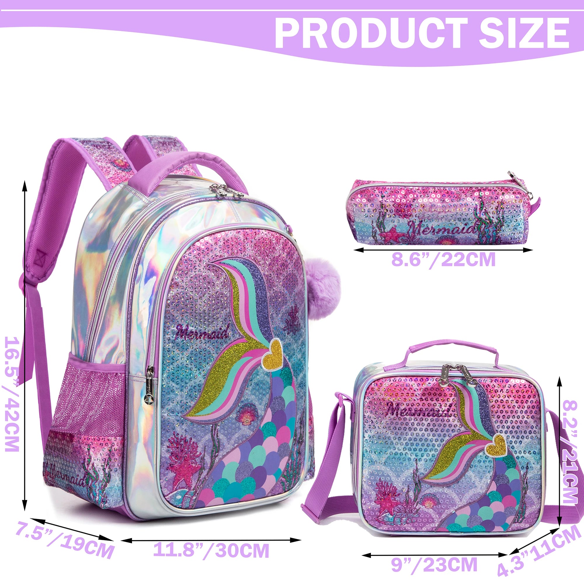 Mochila Lantejoula com lancheira para alunos do ensino fundamental, mochilas escolares meninas, 16"