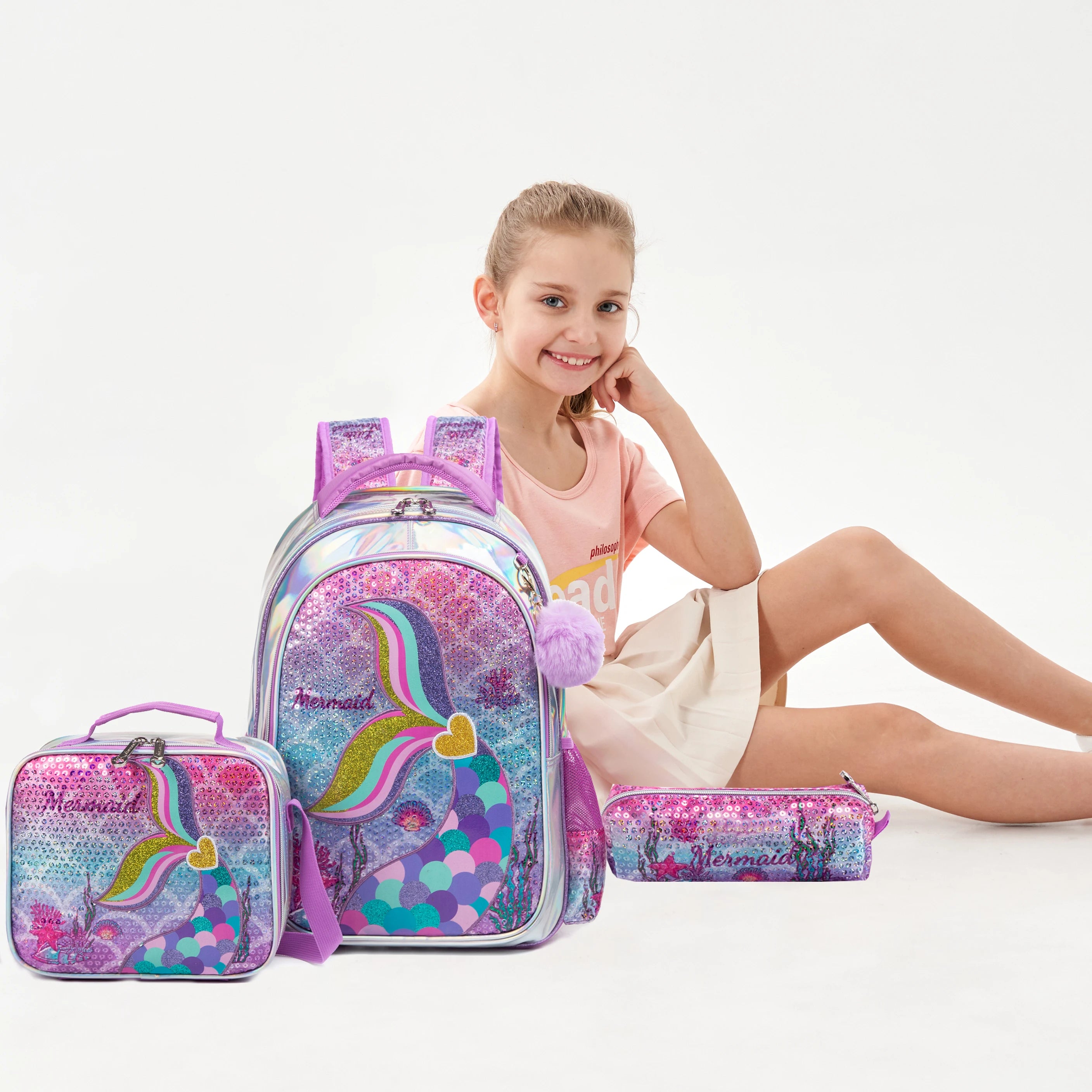 Mochila Lantejoula com lancheira para alunos do ensino fundamental, mochilas escolares meninas, 16"