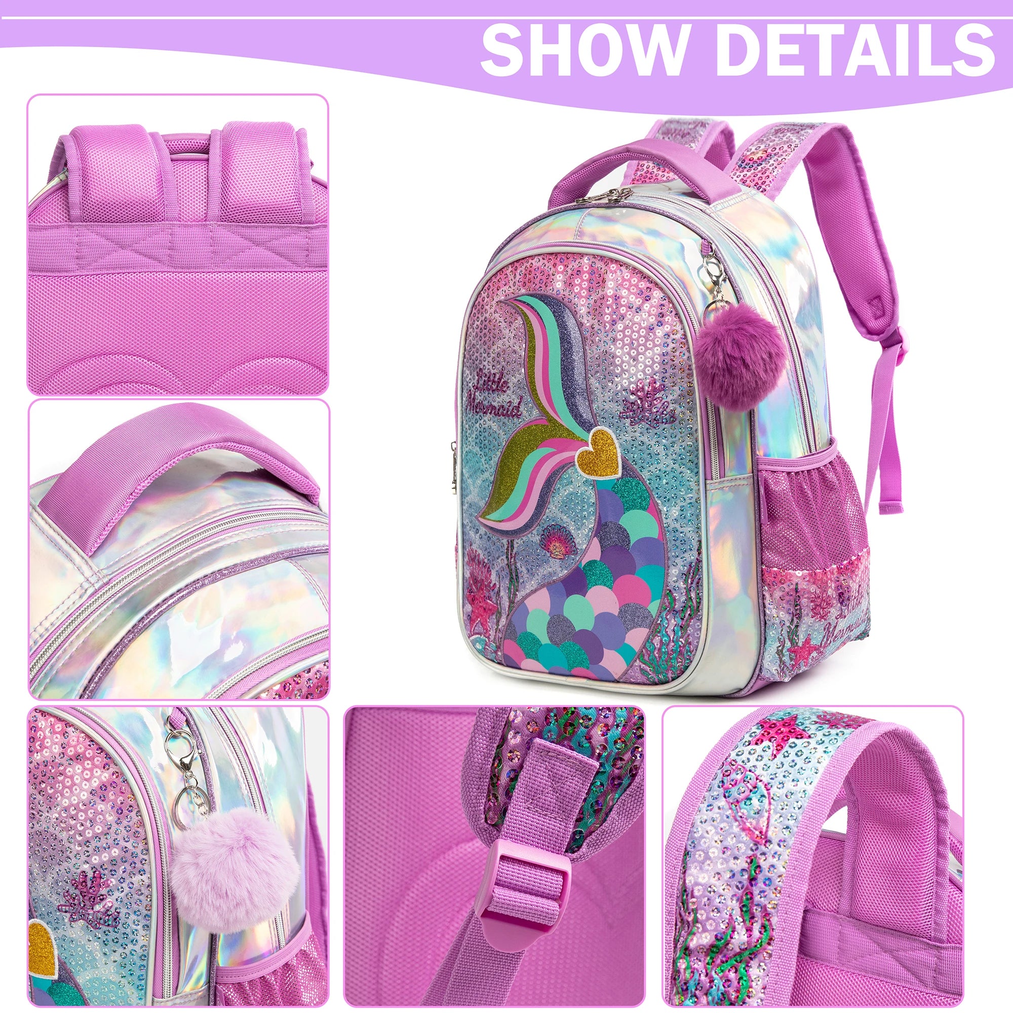 Mochila Lantejoula com lancheira para alunos do ensino fundamental, mochilas escolares meninas, 16"