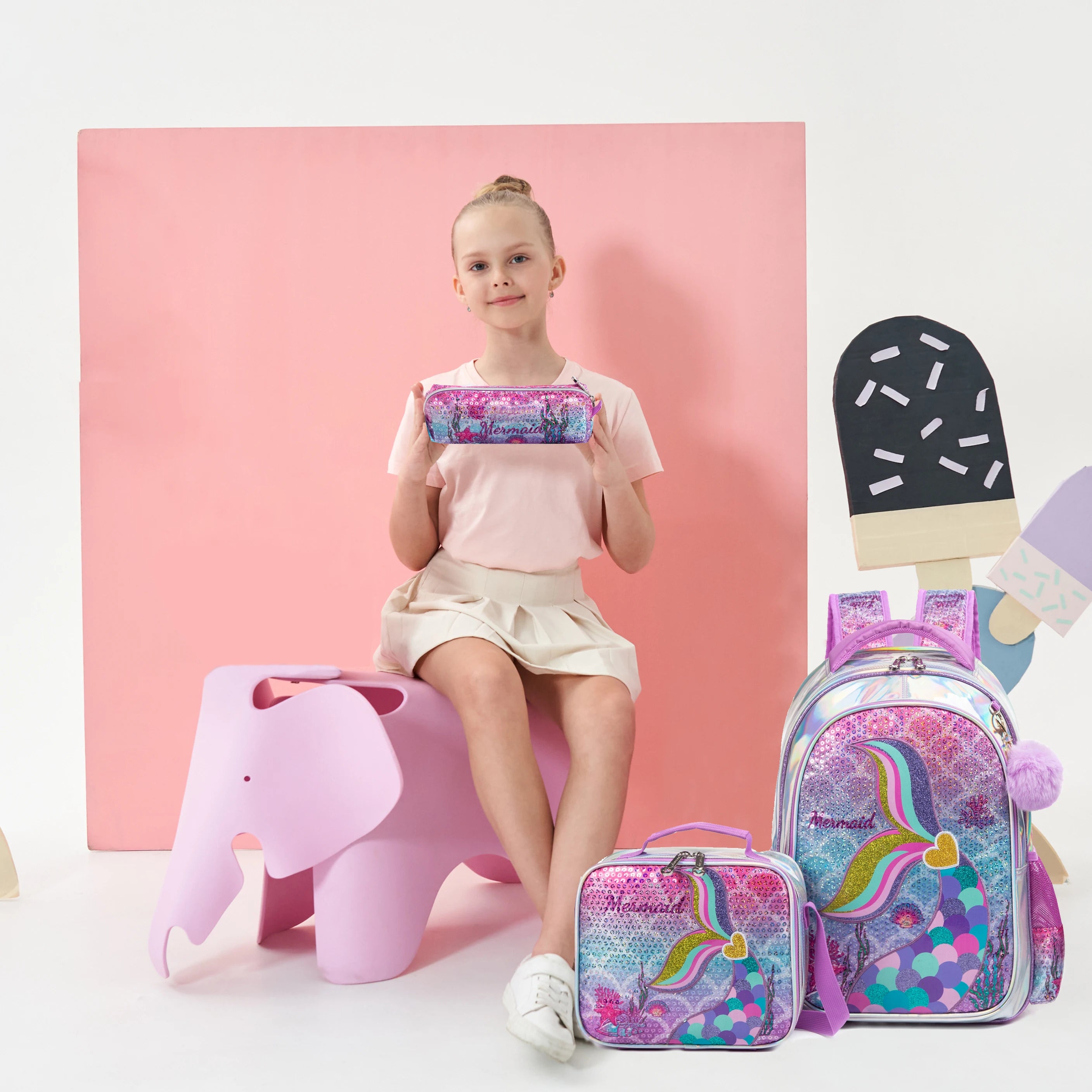Mochila Lantejoula com lancheira para alunos do ensino fundamental, mochilas escolares meninas, 16"