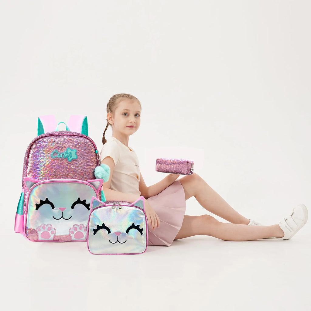Pink mochila para alunos elementares, adolescentes, beleza bonito, 3pcs