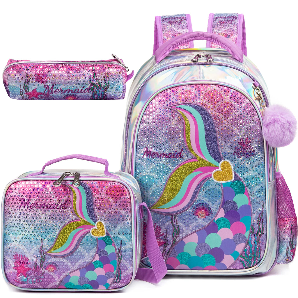 Mochila Lantejoula com lancheira para alunos do ensino fundamental, mochilas escolares meninas, 16"