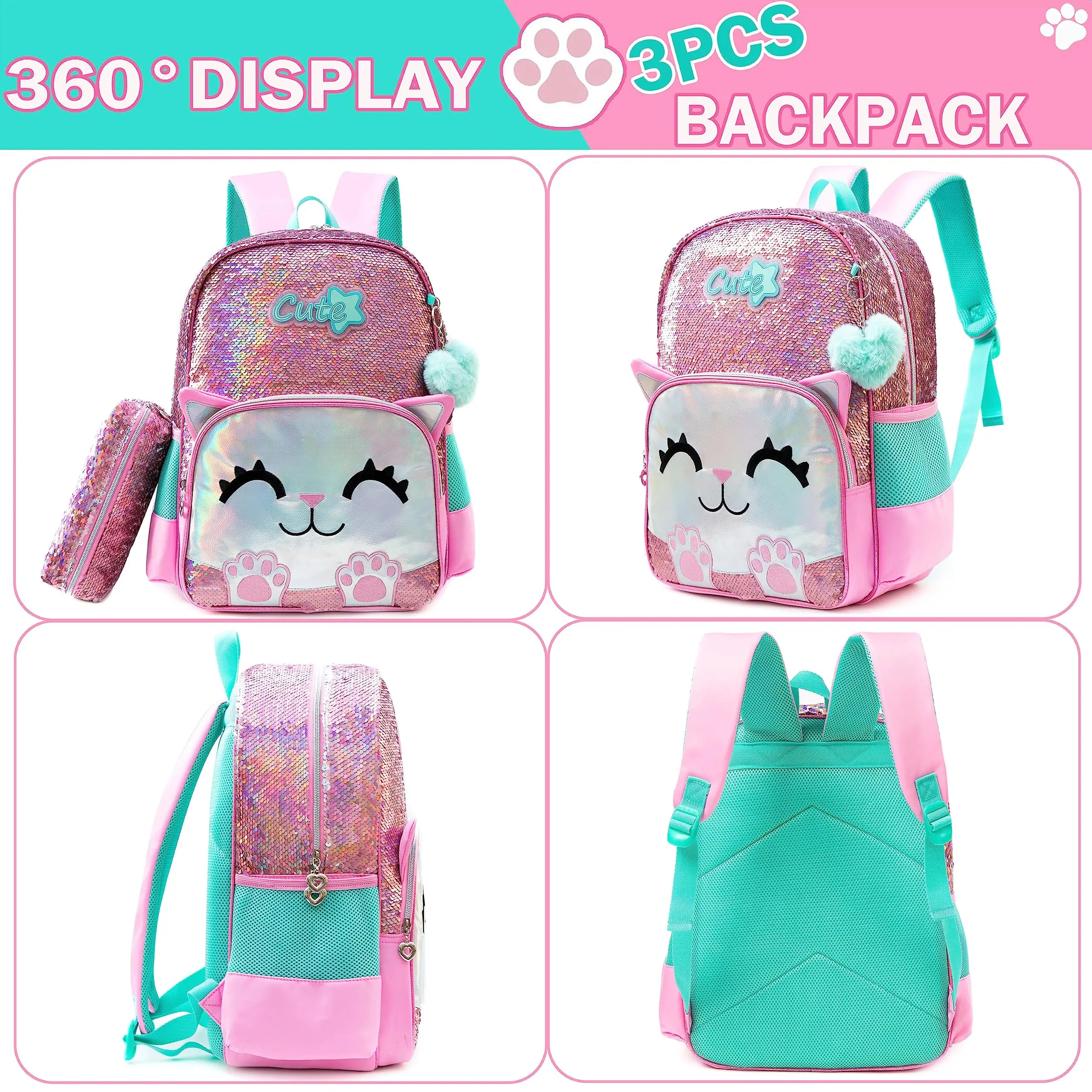 Pink mochila para alunos elementares, adolescentes, beleza bonito, 3pcs
