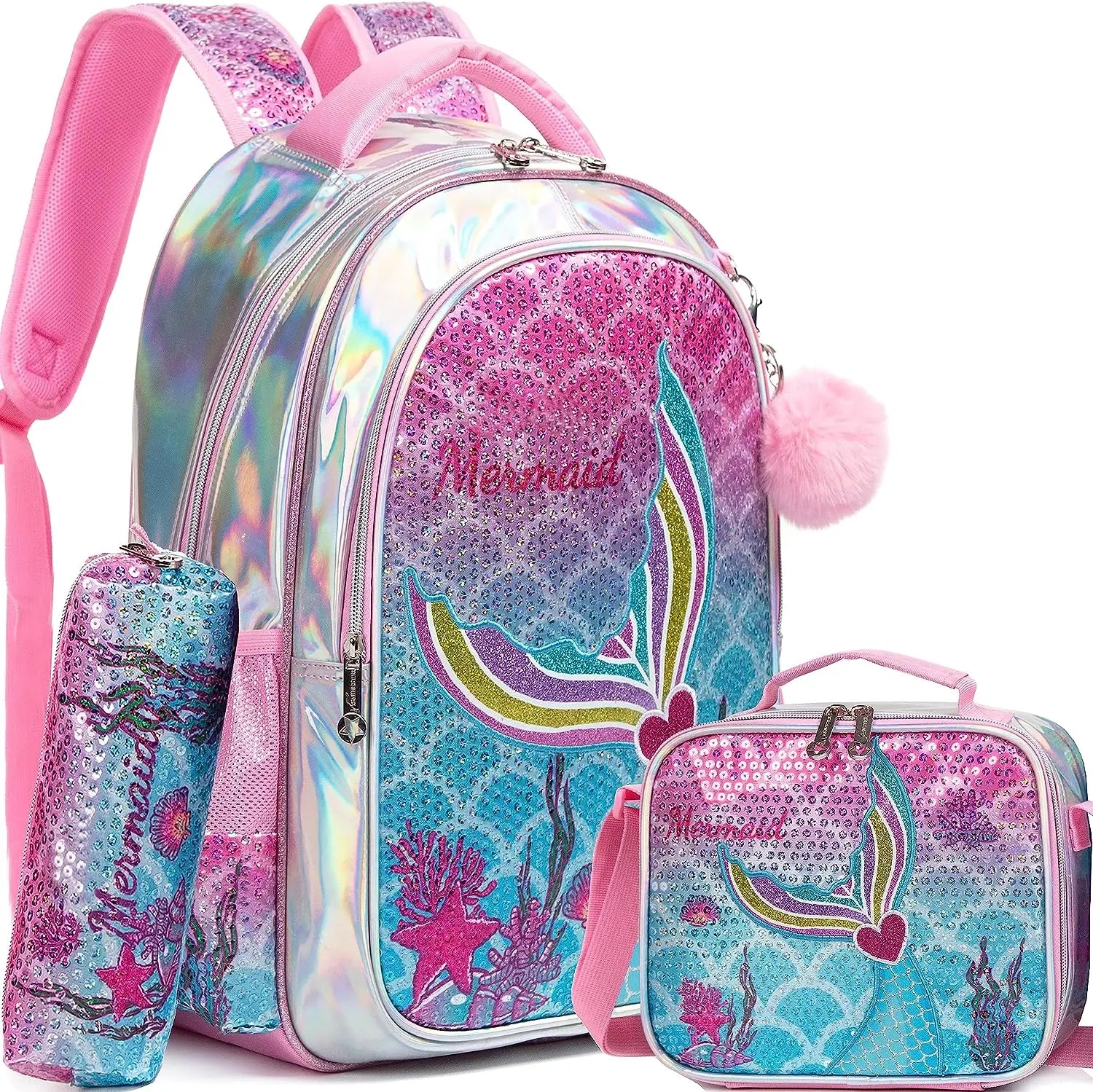 Mochila Lantejoula com lancheira para alunos do ensino fundamental, mochilas escolares meninas, 16"