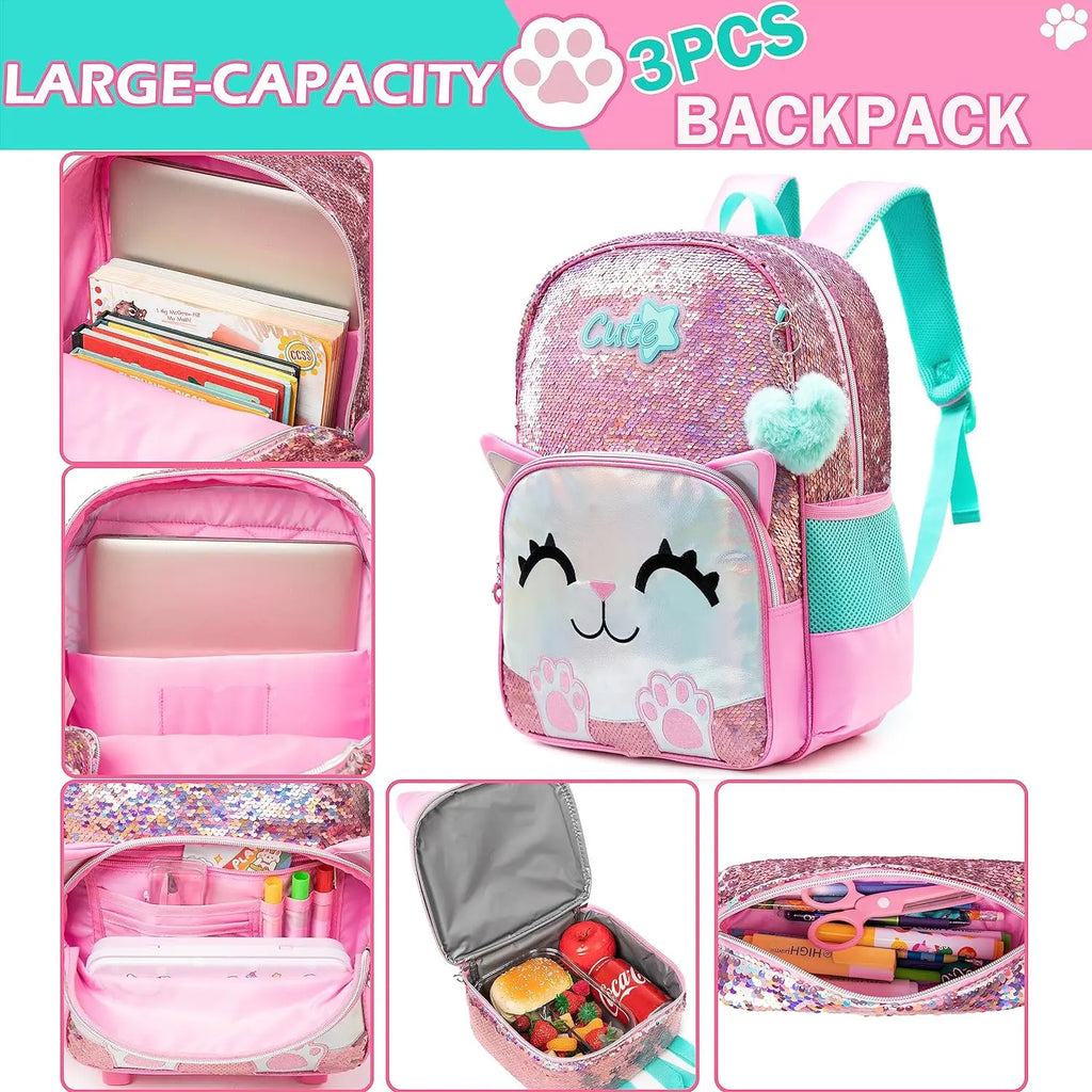 Pink mochila para alunos elementares, adolescentes, beleza bonito, 3pcs