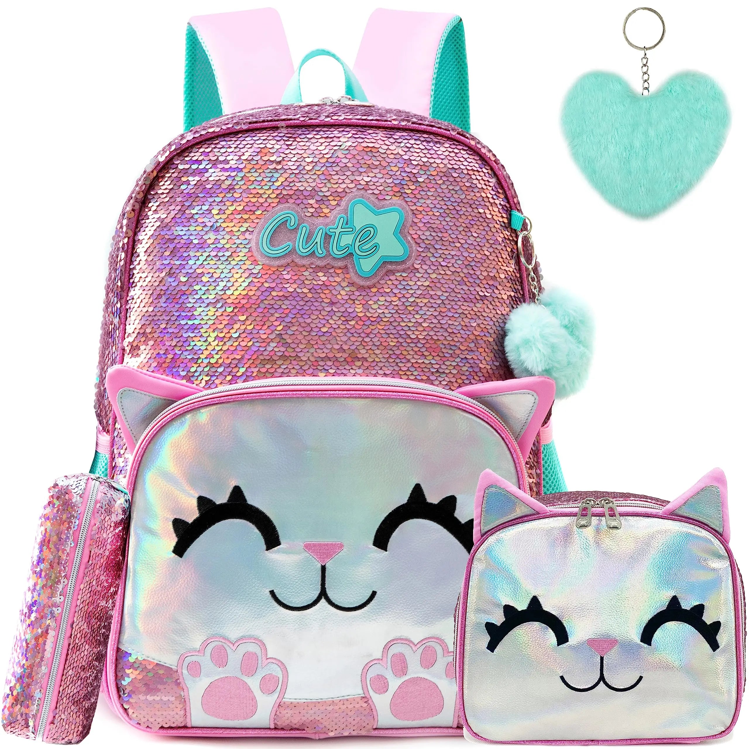 Pink mochila para alunos elementares, adolescentes, beleza bonito, 3pcs