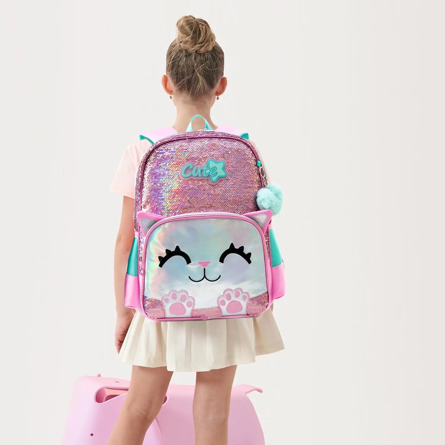 Pink mochila para alunos elementares, adolescentes, beleza bonito, 3pcs