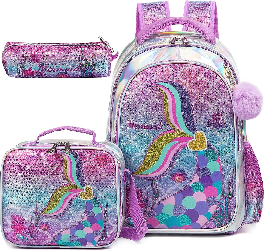 Mochila Lantejoula com lancheira para alunos do ensino fundamental, mochilas escolares meninas, 16"