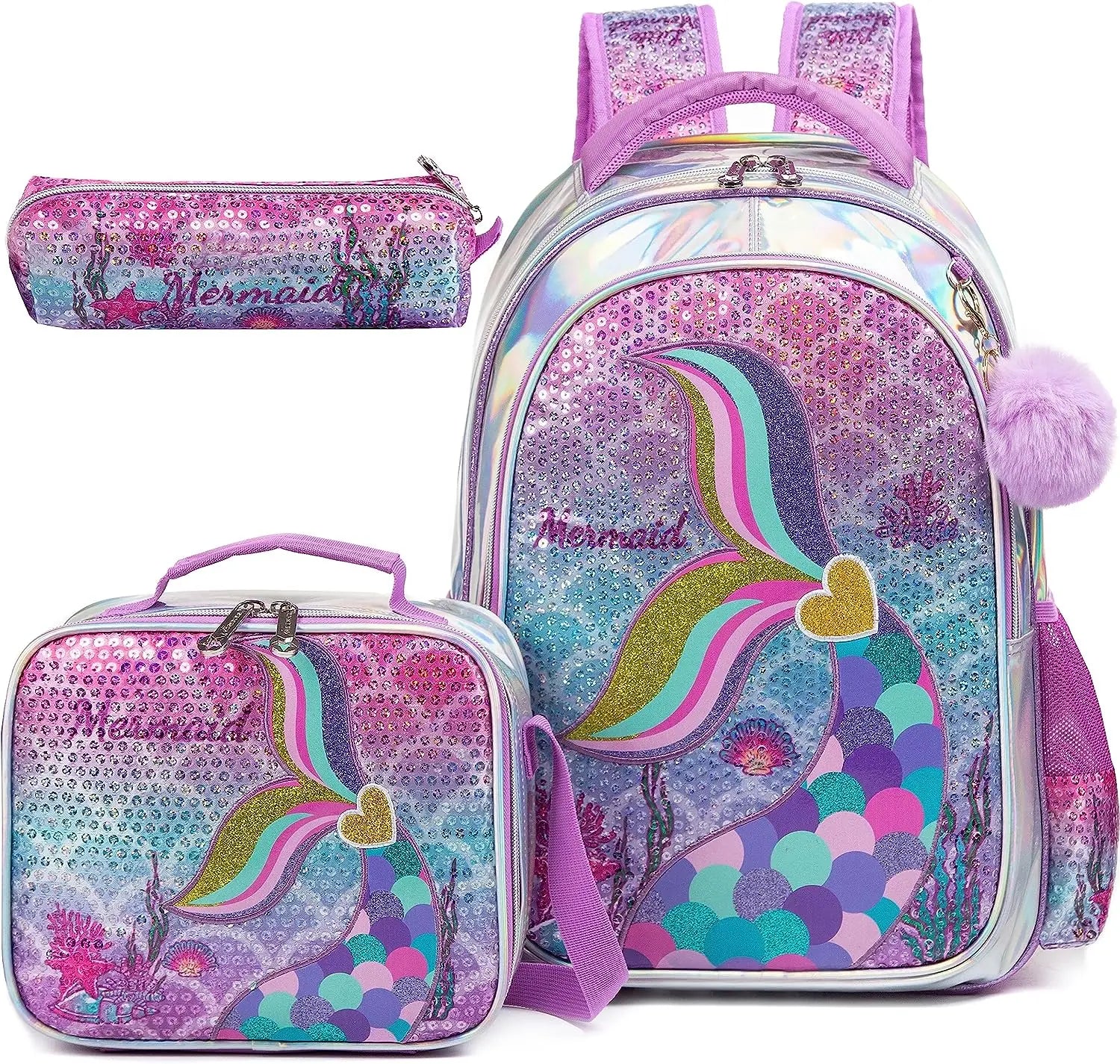 Mochila Lantejoula com lancheira para alunos do ensino fundamental, mochilas escolares meninas, 16"